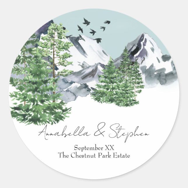 Snowy Mountain Landscape with Pine Forest Trees Classic Round Sticker (Front)