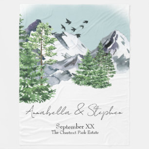 Snowy Mountain Landscape with Pine Forest Trees Fleece Blanket