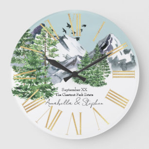 Snowy Mountain Landscape with Pine Forest Trees Large Clock