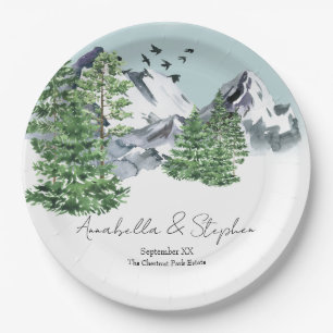 Snowy Mountain Landscape with Pine Forest Trees Paper Plate