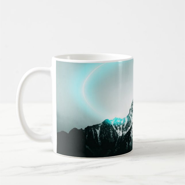 Snowy mountain mysterious blue neon light coffee mug (Left)