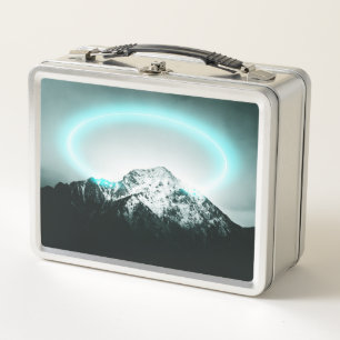 Snowy mountain mysterious blue neon light metal lunch box