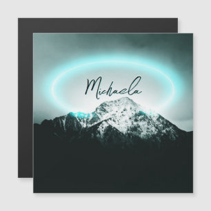 Snowy mountain mysterious blue neon light monogram