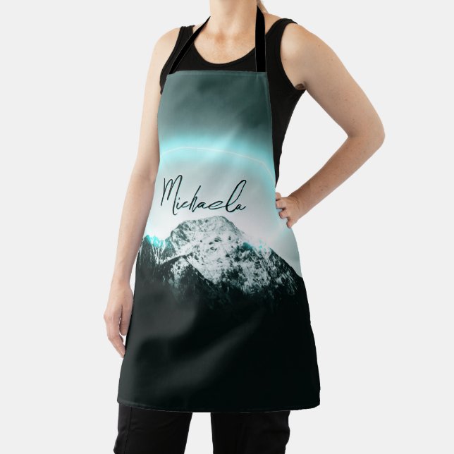 Snowy mountain mysterious blue neon light monogram apron (Insitu)