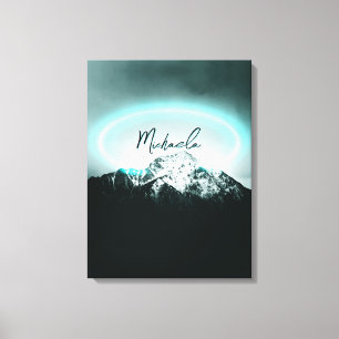 Snowy mountain mysterious blue neon light monogram canvas print