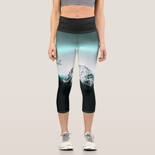 Snowy mountain mysterious blue neon light monogram capri leggings (Front)
