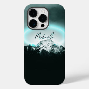 Snowy mountain mysterious blue neon light monogram Case-Mate iPhone 14 pro case