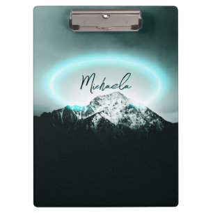 Snowy mountain mysterious blue neon light monogram clipboard