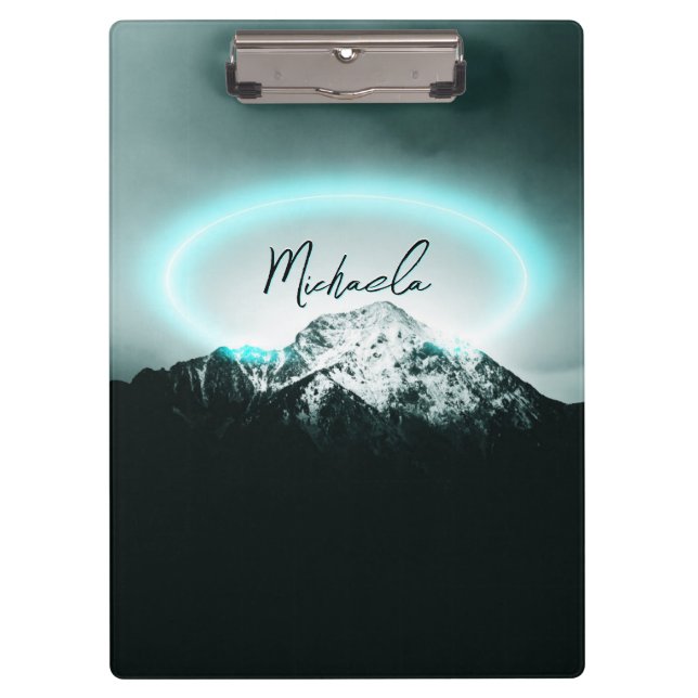 Snowy mountain mysterious blue neon light monogram clipboard (Front)