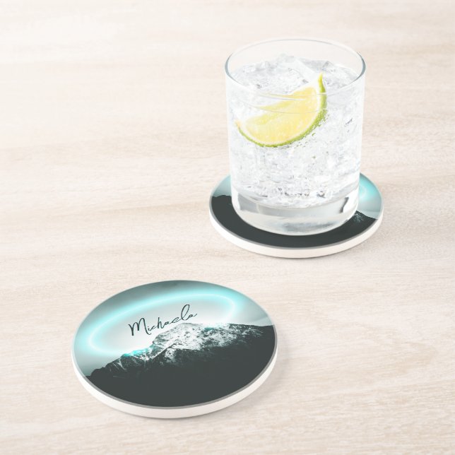 Snowy mountain mysterious blue neon light monogram coaster (Side)