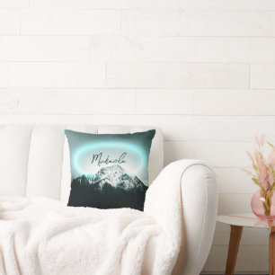 Snowy mountain mysterious blue neon light monogram cushion