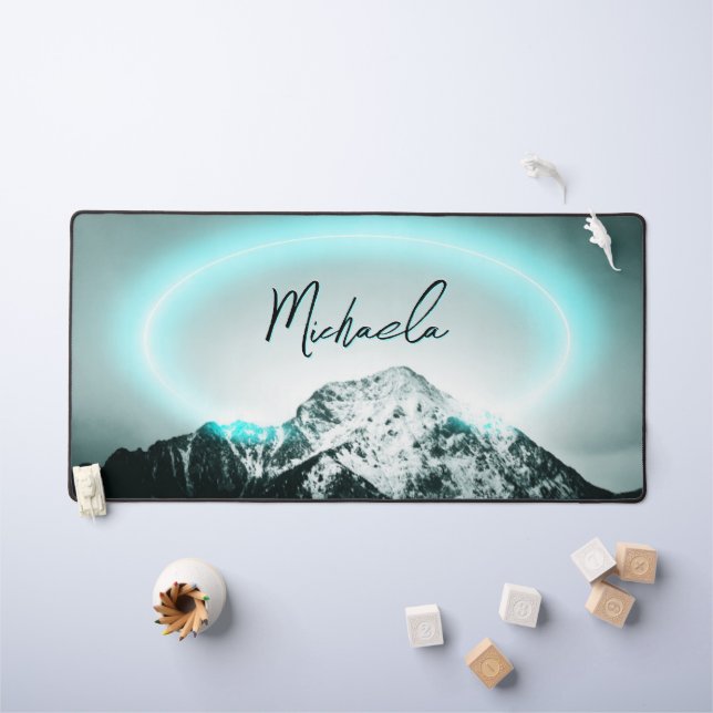 Snowy mountain mysterious blue neon light monogram desk mat (Kids Table)