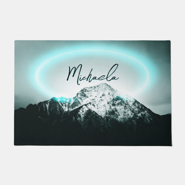 Snowy mountain mysterious blue neon light monogram doormat (Front)