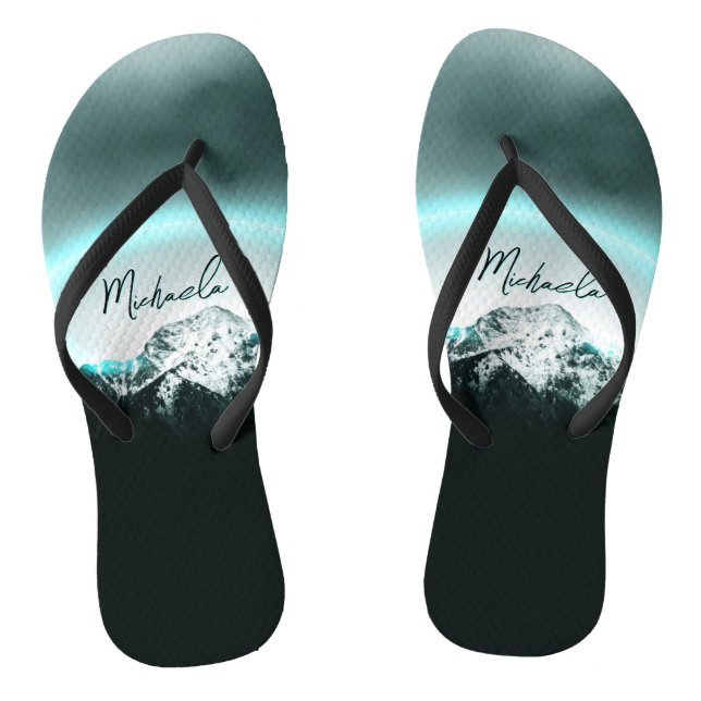 Snowy mountain mysterious blue neon light monogram flip flops (Footbed)
