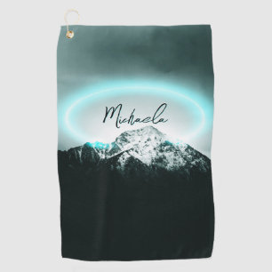 Snowy mountain mysterious blue neon light monogram golf towel