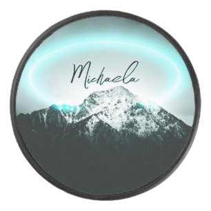 Snowy mountain mysterious blue neon light monogram hockey puck