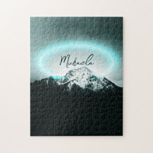 Snowy mountain mysterious blue neon light monogram jigsaw puzzle