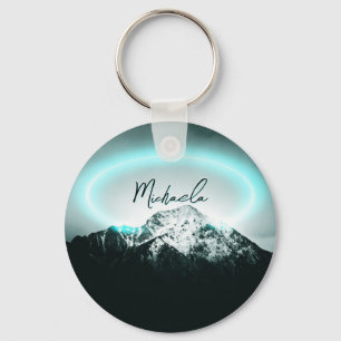 Snowy mountain mysterious blue neon light monogram key ring