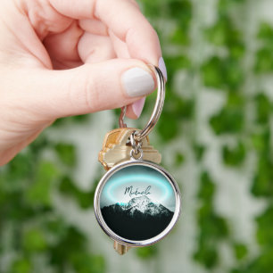 Snowy mountain mysterious blue neon light monogram key ring