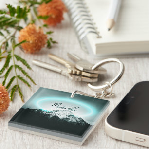 Snowy mountain mysterious blue neon light monogram key ring
