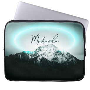 Snowy mountain mysterious blue neon light monogram laptop sleeve