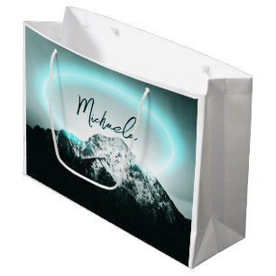 Snowy mountain mysterious blue neon light monogram large gift bag