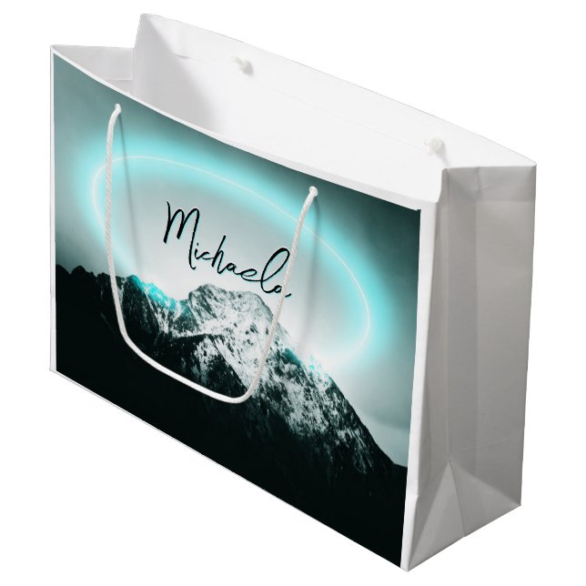 Snowy mountain mysterious blue neon light monogram large gift bag (Front Angled)