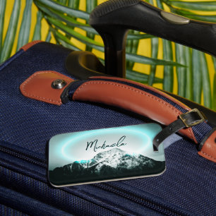 Snowy mountain mysterious blue neon light monogram luggage tag