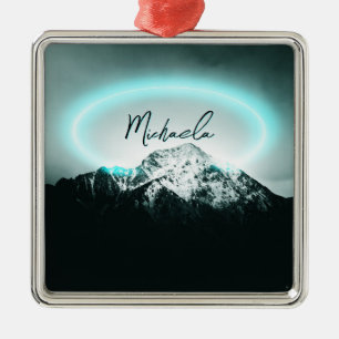 Snowy mountain mysterious blue neon light monogram metal tree decoration