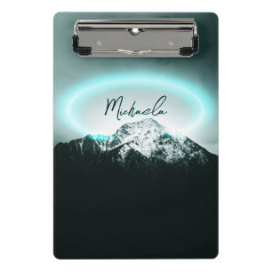 Snowy mountain mysterious blue neon light monogram mini clipboard
