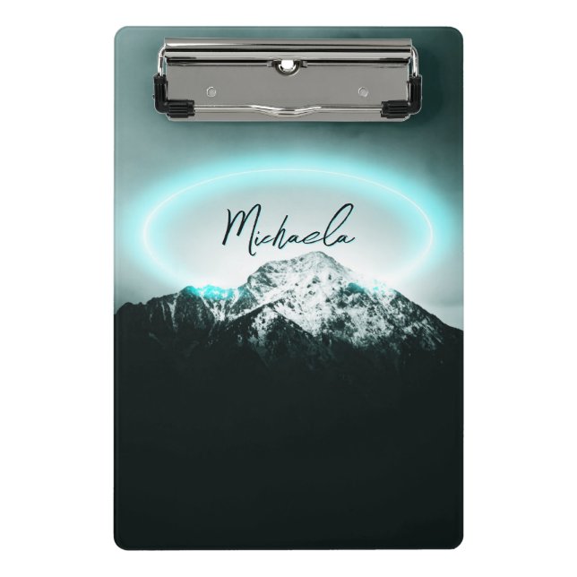 Snowy mountain mysterious blue neon light monogram mini clipboard (Front)