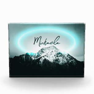 Snowy mountain mysterious blue neon light monogram photo block