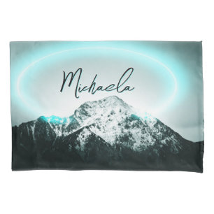 Snowy mountain mysterious blue neon light monogram pillowcase