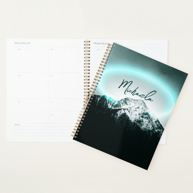 Snowy mountain mysterious blue neon light monogram planner (Display)