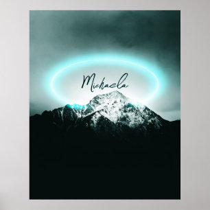 Snowy mountain mysterious blue neon light monogram poster
