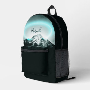 Snowy mountain mysterious blue neon light monogram printed backpack