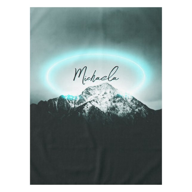 Snowy mountain mysterious blue neon light monogram tablecloth (Front)