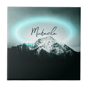 Snowy mountain mysterious blue neon light monogram tile