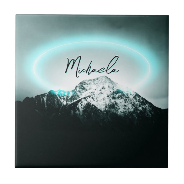 Snowy mountain mysterious blue neon light monogram tile (Front)