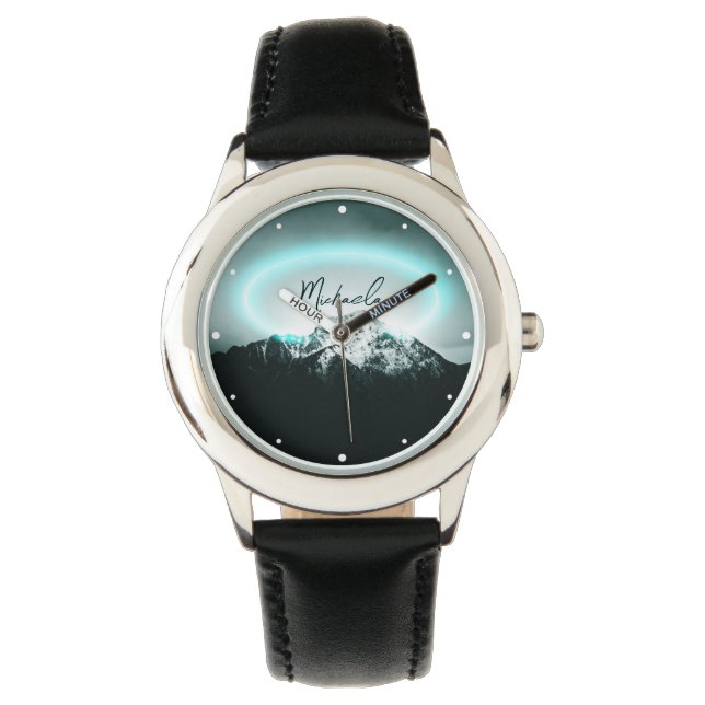 Snowy mountain mysterious blue neon light monogram watch (Front)