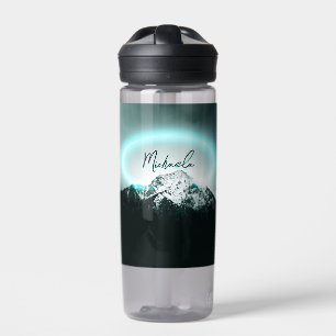 Snowy mountain mysterious blue neon light monogram water bottle