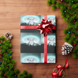 Snowy mountain mysterious blue neon light monogram wrapping paper