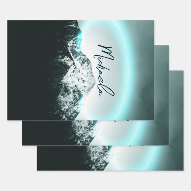 Snowy mountain mysterious blue neon light monogram wrapping paper sheet (Set)