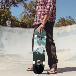 Snowy mountain mysterious blue neon light skateboard