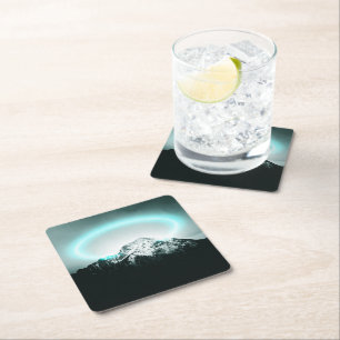 Snowy mountain mysterious blue neon light square paper coaster