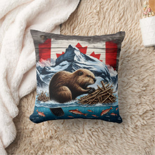 Snowy Mountain, Ocean, Canadian Beaver Cushion