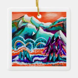 Snowy mountain scene in art ceramic ornament