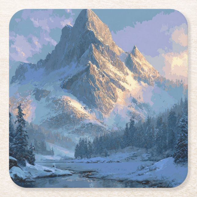 Snowy Mountain Square Paper Coaster (Front)