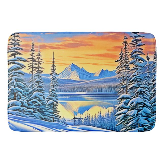 Snowy Mountain Sunset Glow Bath Mat (Front)