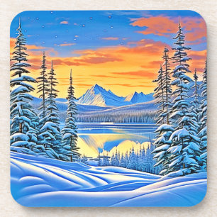 Snowy Mountain Sunset Glow Coaster